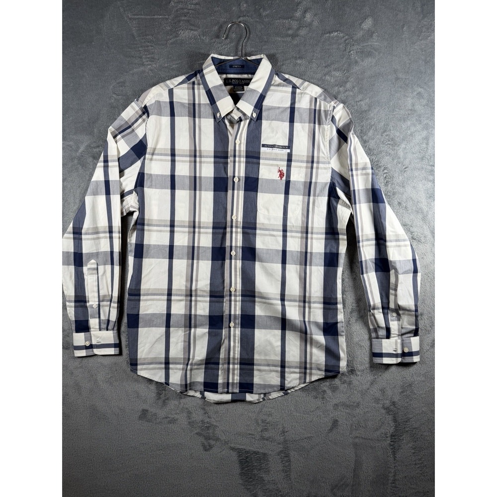 U.S. Polo Assn. Men's L Blue White Plaid Stretch Button-Down Shirt Long Sleeve